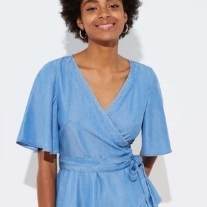 LOFT Chambray Wrap Top Short Flutter Sleeve V Neck Lyocell Blouse Small